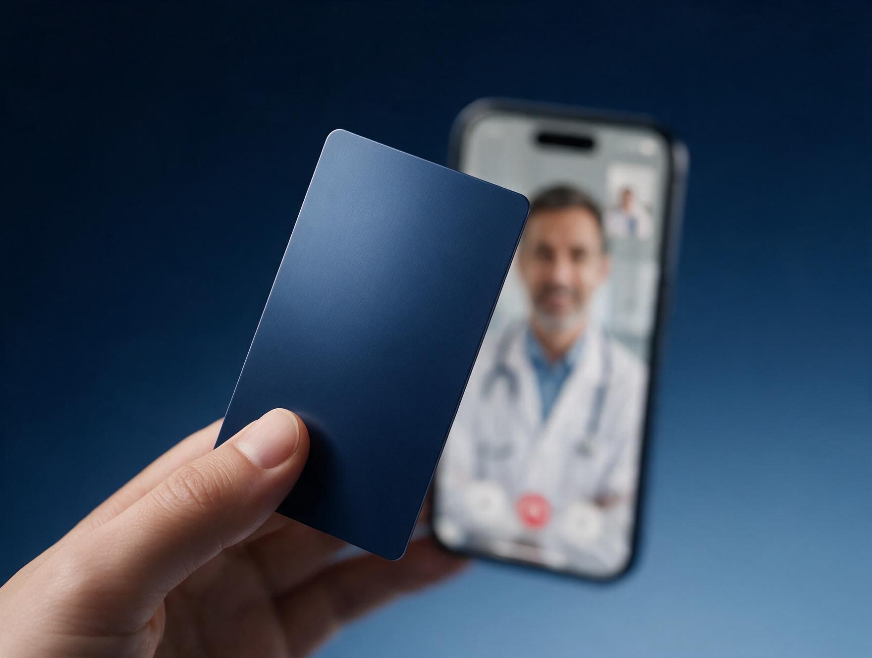 A hand holding a premium membership card with a smartphone telehealth video call visible in the background.