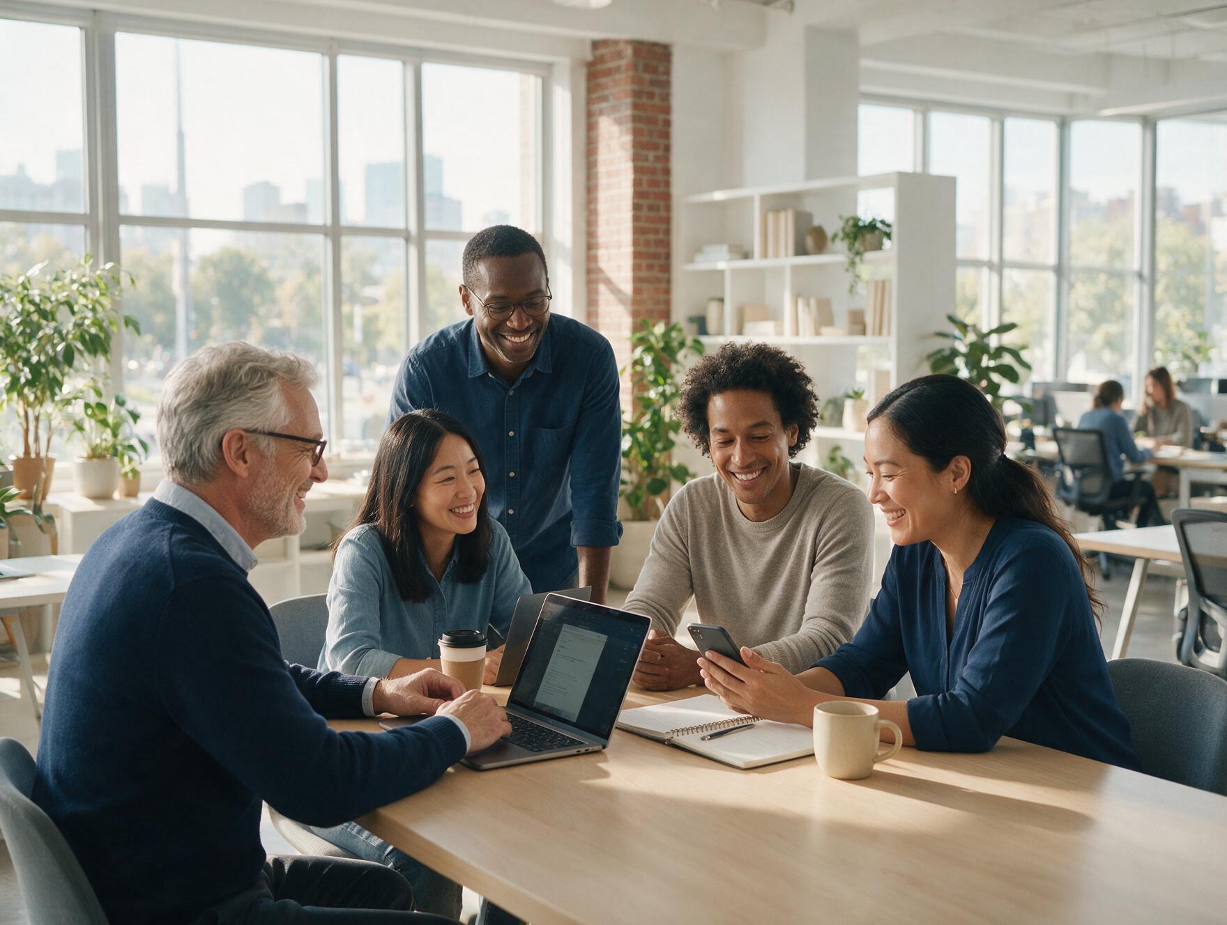 A diverse group of employees collaborating together in a modern, bright office.