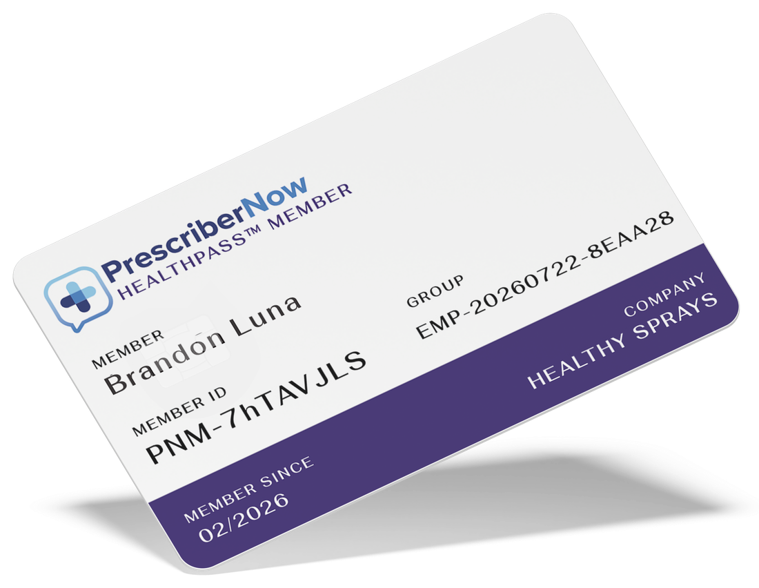 Sample PrescriberNow HealthPass member card for Brandon Luna, showing member ID, group number, and company name.