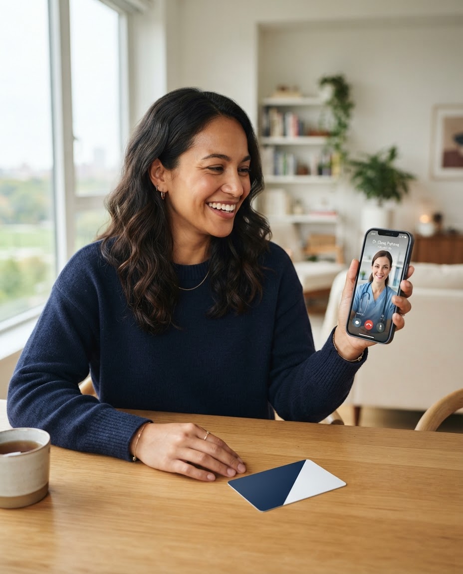 A member starting a telehealth video visit on her smartphone, with her PrescriberNow HealthPass membership card on the table beside her.