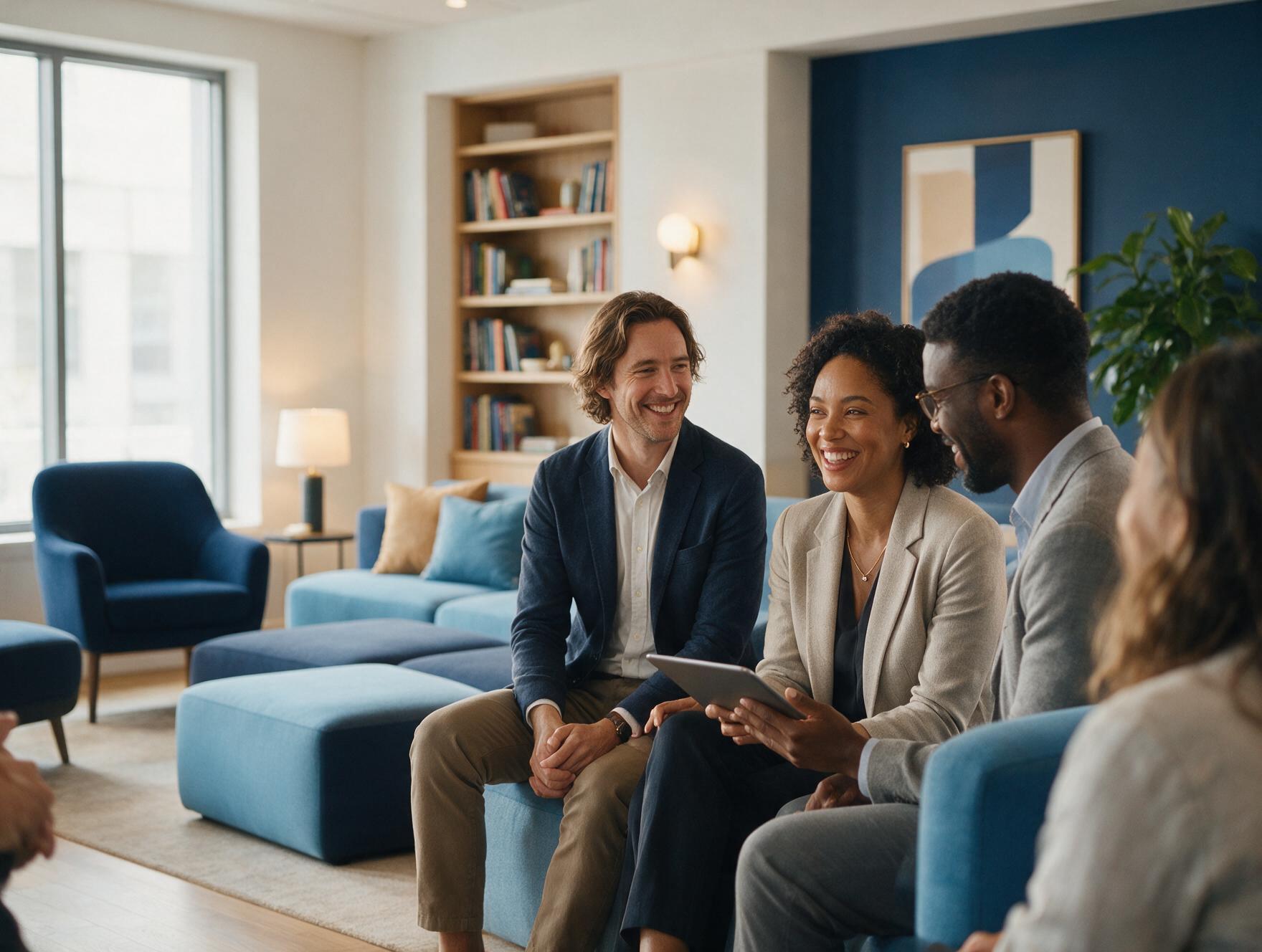 A small group of professional association members chatting together in a modern lounge.