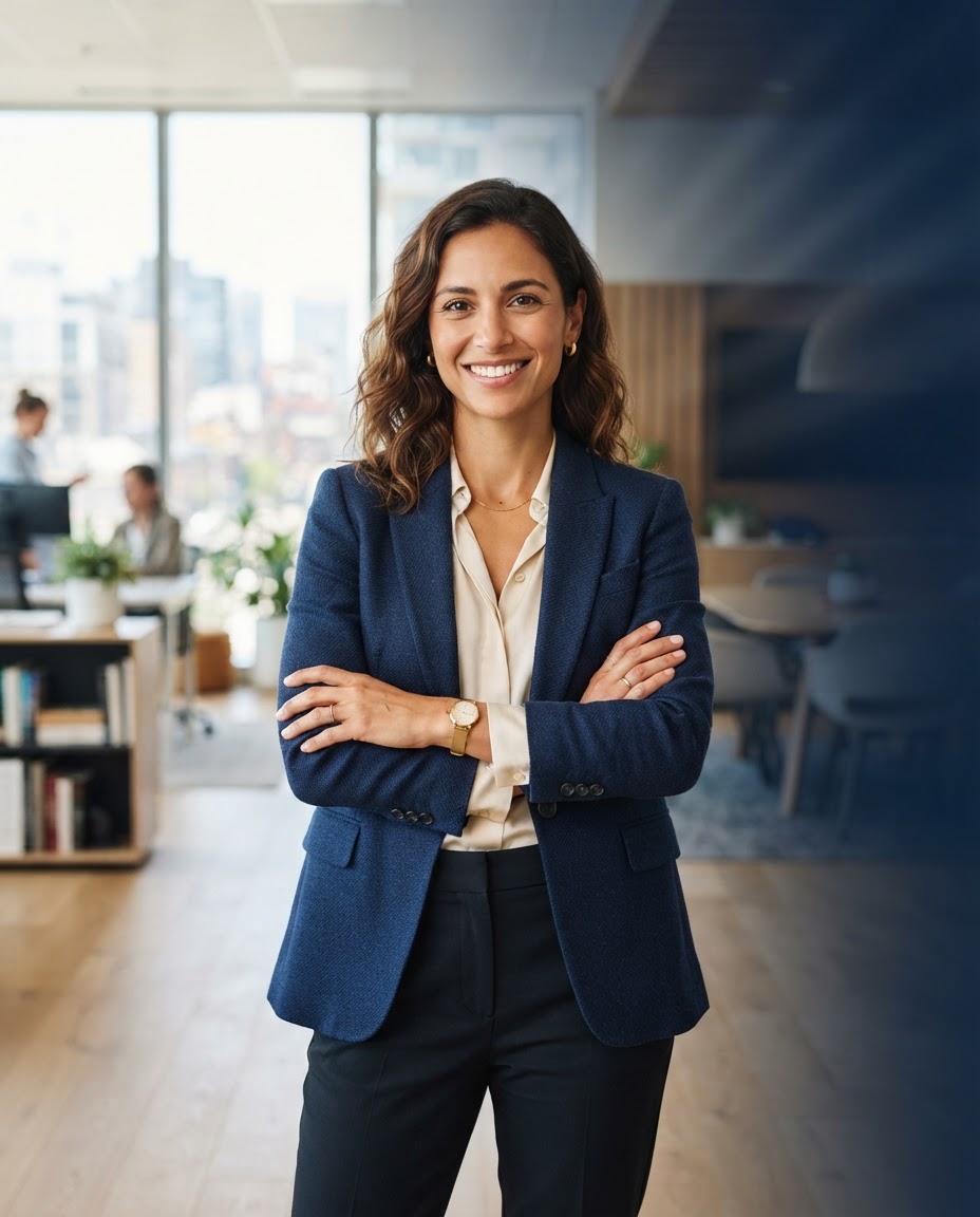 A confident independent business professional standing in a modern office.
